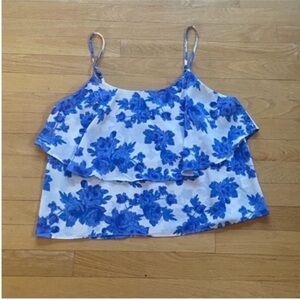 Paper crane white blue floral ruffle tier tank top blouse large L